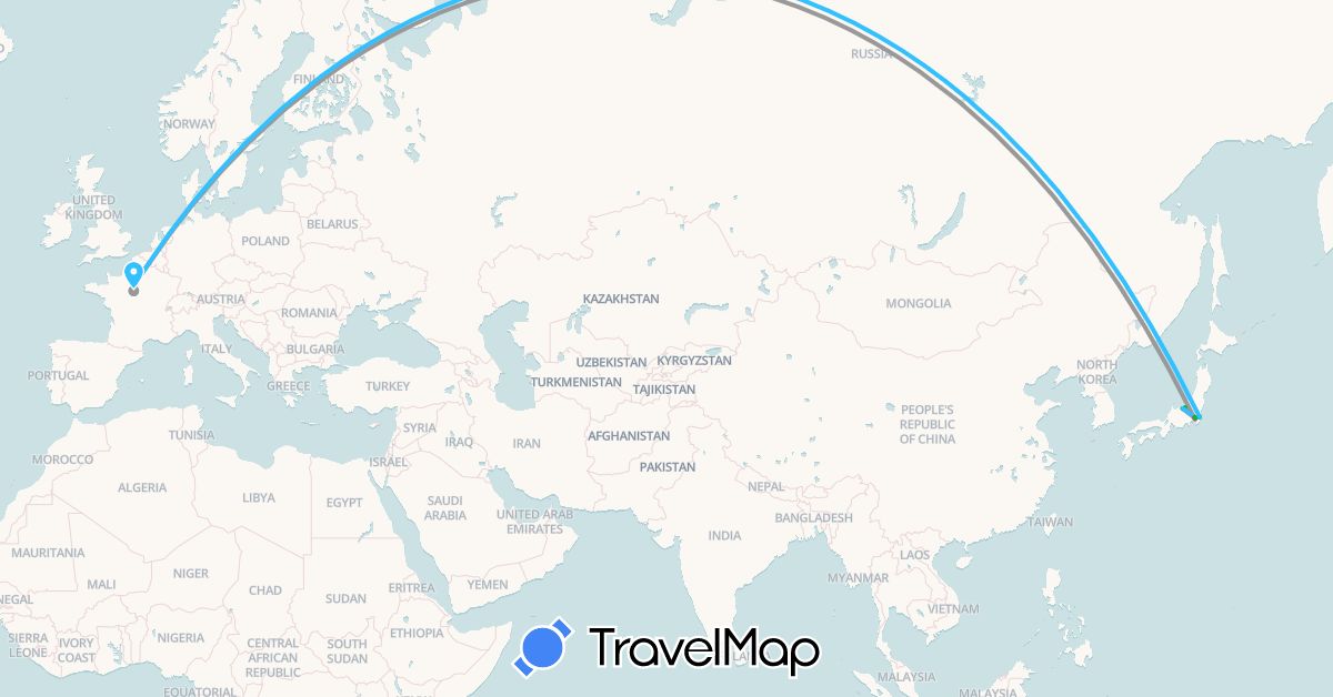TravelMap itinerary: driving, bus, plane, cycling, train, hiking, boat, hitchhiking, motorbike in France, Japan (Asia, Europe)