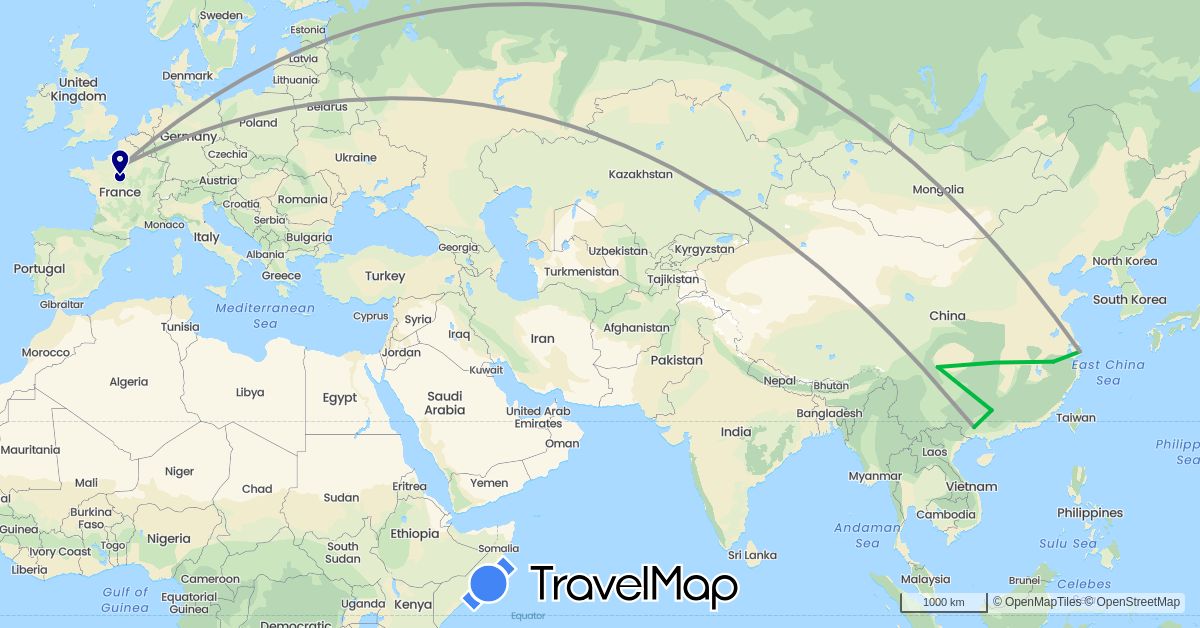 TravelMap itinerary: driving, bus, plane in China, France (Asia, Europe)